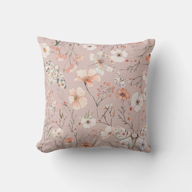 Boho Wildflower Floral Butterfly Throw Pillow (Front)