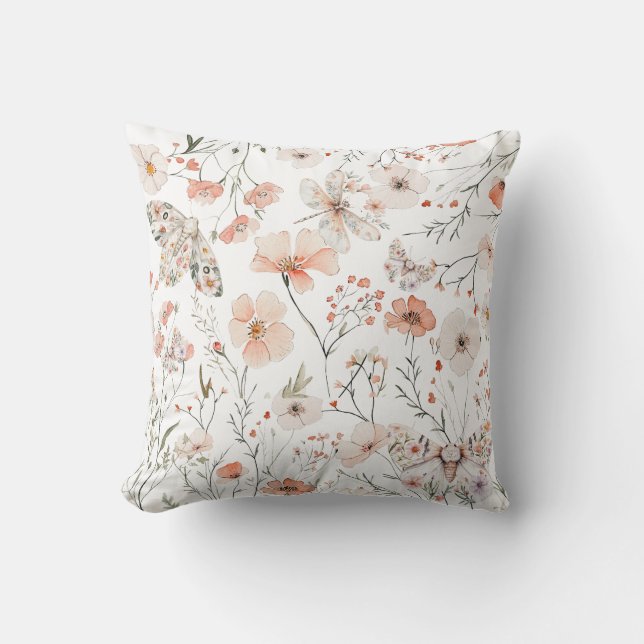 Boho Wildflower Floral Butterfly Throw Pillow (Front)