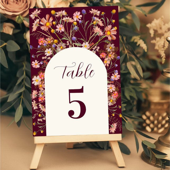Boho Wildflower Floral Fall Burgundy Wedding Table Number (Boho fall Wildflower floral burgundy and ivory cream Wedding table number card Elegant flower arch)