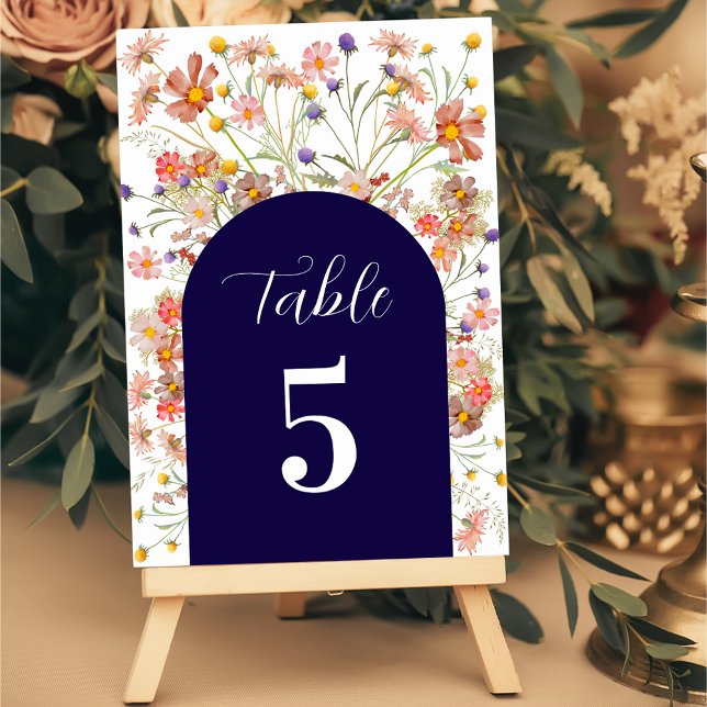 Boho Wildflower Floral Fall Navy Blue Wedding Table Number (Boho fall wildflower floral arch elegant script navy blue and white wedding table number card)