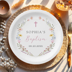 Boho Wildflower Floral Girl Baptism Paper Plate