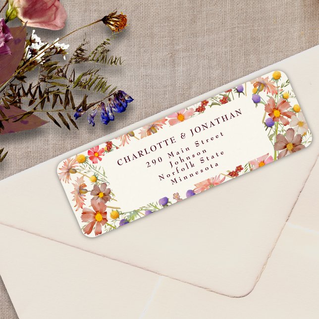 Boho Wildflower Floral Ivory Burgundy Wedding (Boho fall rustic wildflower floral burgundy burnt orange ivory cream wedding return address label )