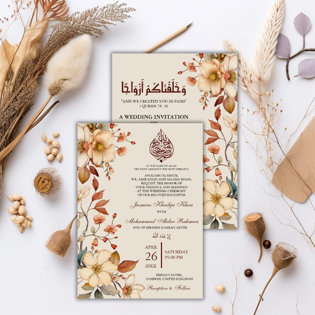 Boho Wildflower Floral Muslim Wedding Nikah Invitation (Creator Uploaded)