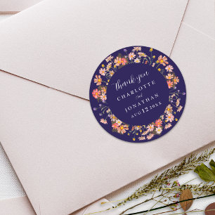 Boho Wildflower Floral Navy Blue Wedding Thank You Classic Round Sticker
