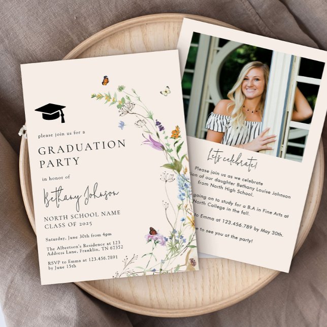 Boho Wildflower Floral Photo Graduation Party Invitation (Creator Uploaded)
