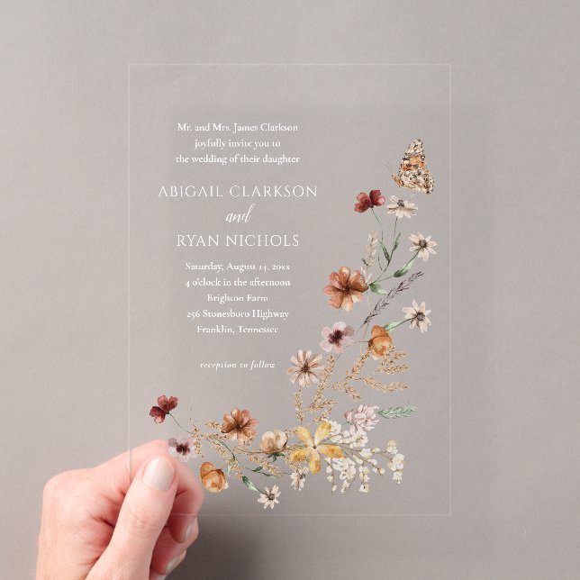 Boho Wildflower Floral QR Code Photo Wedding Acrylic Invitations (Insitu (Handheld))