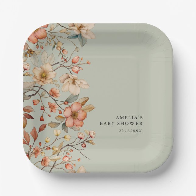Boho Wildflower Floral Sage Green Baby Shower Paper Plate (Front)