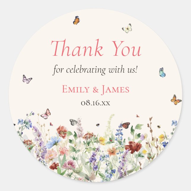 Boho Wildflower Floral Wedding Classic Round Sticker (Front)