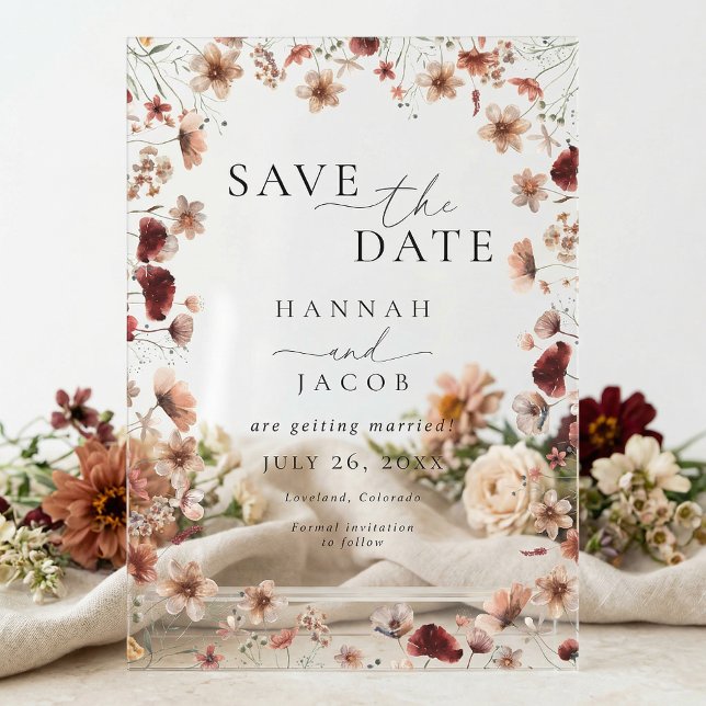 Boho Wildflower Floral Wedding Save the Date Acrylic Invitations (Creator Uploaded)