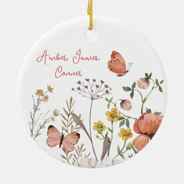 Boho Wildflower Flower Personalized Names Ceramic Ornament (Back)