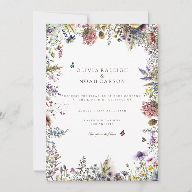 Boho Wildflower Garden White Wedding Invitation  (Front)