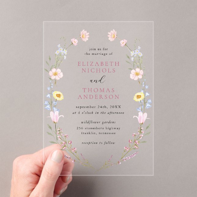 Boho Wildflower Garden Wreath Wedding Acrylic Invitations (Insitu (Handheld))