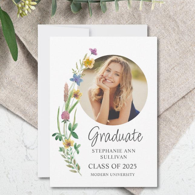 Boho Wildflower Girl Photo University Graduation Announcement (Creator Uploaded)