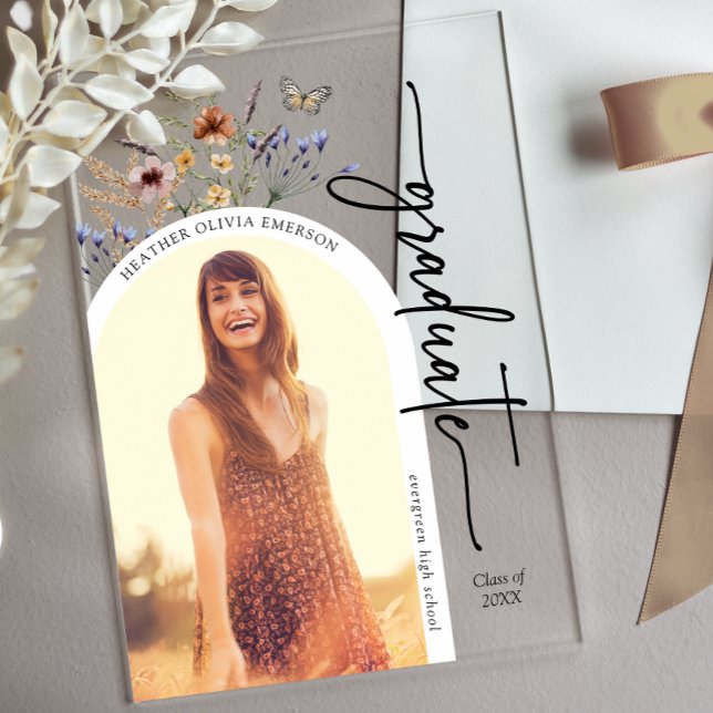Boho Wildflower Graduate Acrylic Invitations (Boho Wildflower Watercolor Graduate Acrylic Invitations with Butterfly by Painted Paperie
)