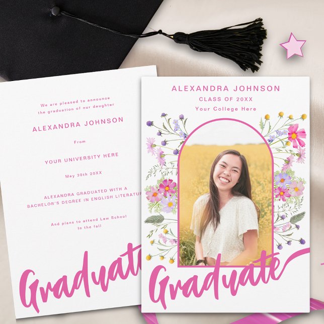 Boho Wildflower Graduate Photo Arch Pink Script Announcement (Boho floral arch graduate photo hot pink script Graduation announcement card)