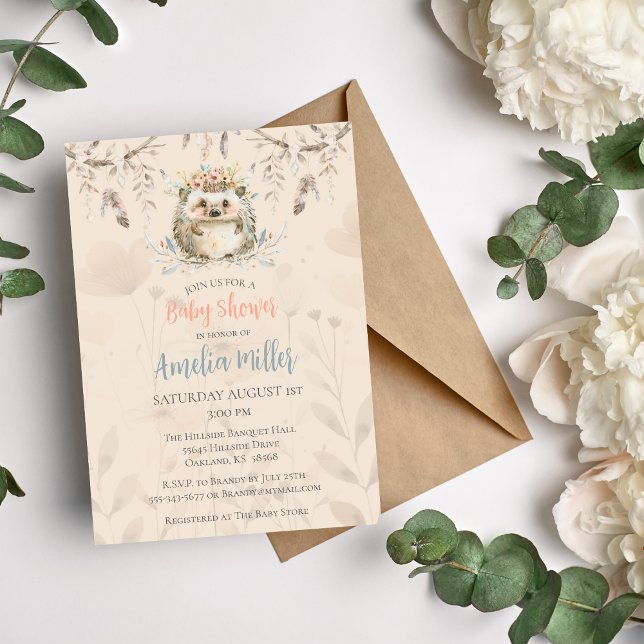 Boho Wildflower Hedgehog Baby Shower Invitation (Hedgie Boho Watercolor Baby Shower Invitation)