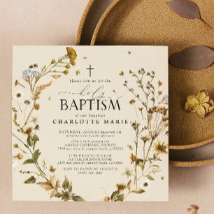 Boho Wildflower Holy Baptism Elegant Cross Floral  Invitation
