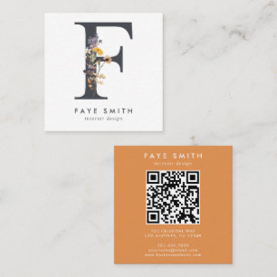 Boho Wildflower Initial F QR Code Square Business Card