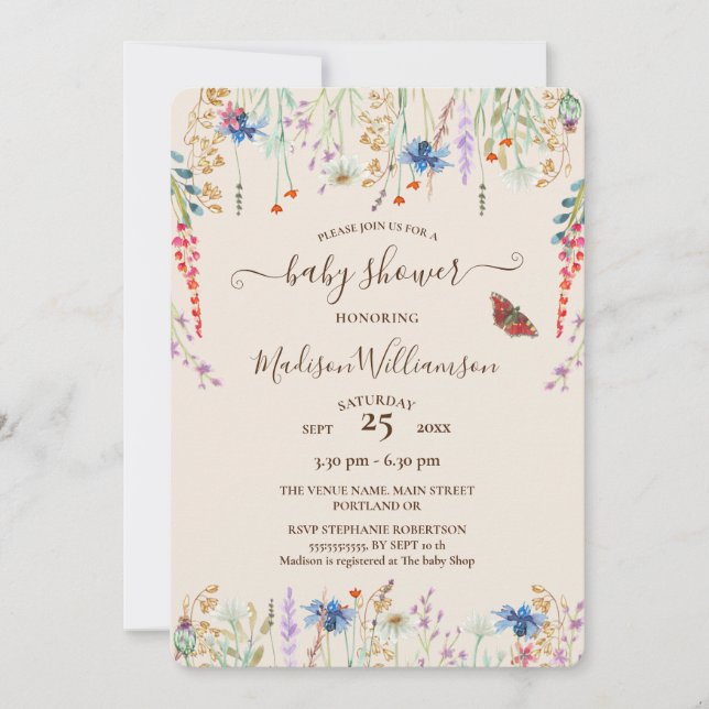 Boho Wildflower Meadow & Butterfly Baby Shower  Invitation (Front)