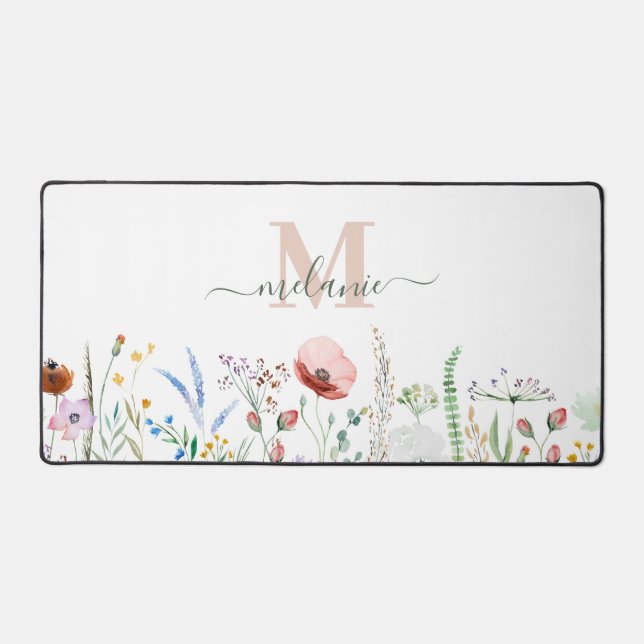 Boho Wildflower Meadow Custom Name Desk Mat (Front)