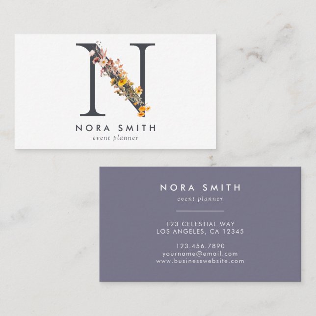 Boho Wildflower Monogram Initial N Business Card (Front/Back)