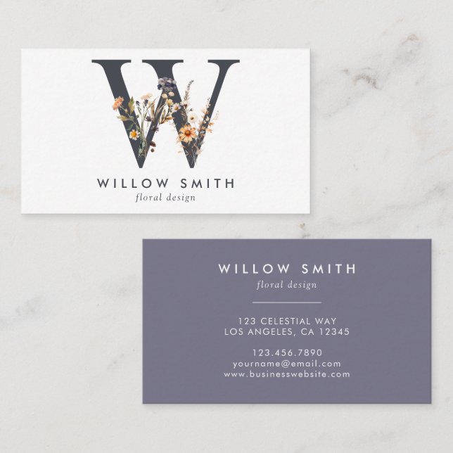 Boho Wildflower Monogram Initial W Business Card (Front/Back)