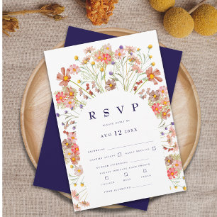 Boho Wildflower Navy Blue and White Wedding RSVP Card