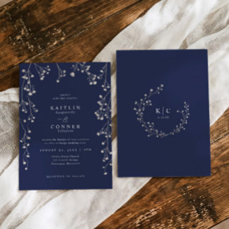 Boho Wildflower Navy Blue Baby's Breath Wedding Invitation