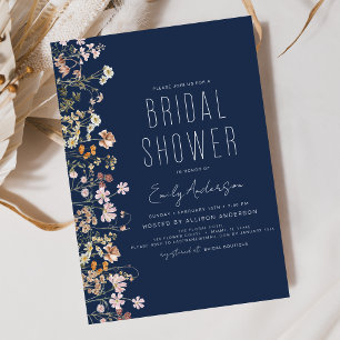 Boho Wildflower Navy Blue Bridal Shower  Invitation