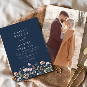 Boho Wildflower Navy Blue Photo Garden Wedding Invitation