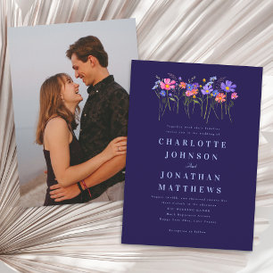 Boho Wildflower Navy Blue Pink Wedding Photo Invitation