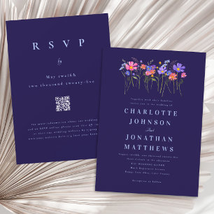 Boho Wildflower Navy Blue Pink Wedding QR Code Invitation