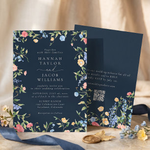 Boho Wildflower Navy Blue QR Code RSVP Wedding Invitation
