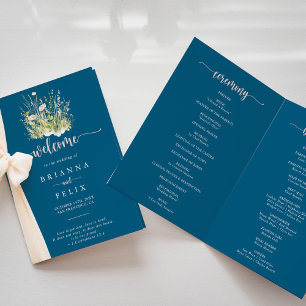 Boho Wildflower Navy Folded Wedding Program