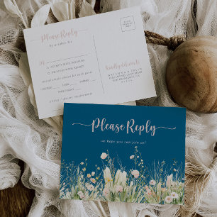 Boho Wildflower Navy Menu Choice RSVP  Postcard