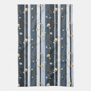 Boho Wildflower Navy Striped Modern Home Decor  Kitchen Towel