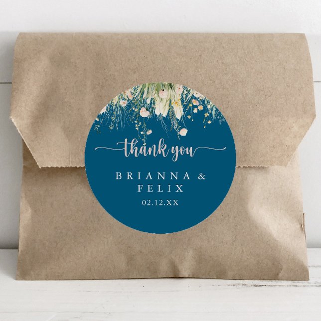 Boho Wildflower Navy Thank You Wedding Favour  Classic Round Sticker (Creator Uploaded)