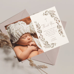 Boho Wildflower Neutral Photo Baptism Thank You Invitation