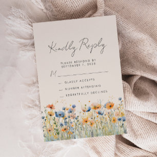 Boho Wildflower Orange Blue Beige Wedding RSVP Card
