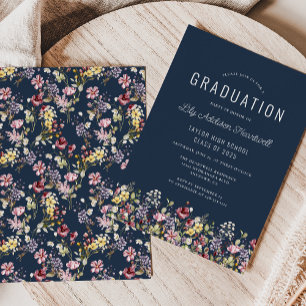 Boho Wildflower Pattern Navy Blue Graduation Party Invitation