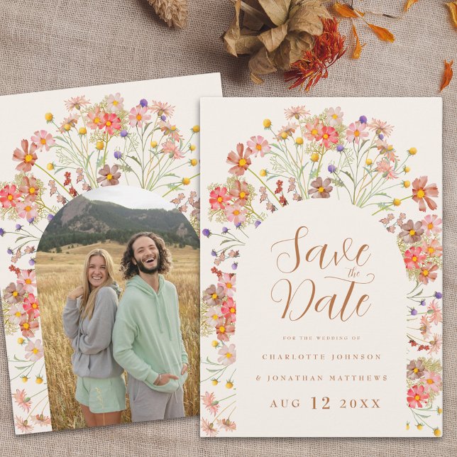 Boho Wildflower Photo Arch Wedding Save The Date (Boho wildflower photo arch wedding save the date invitation Watercolor florals elegant script )