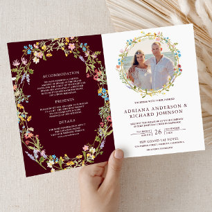 Boho Wildflower Photo QR Code Burgundy Wedding Invitation