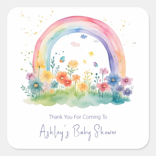 Boho Wildflower Rainbow Baby Shower Square Sticker (Front)