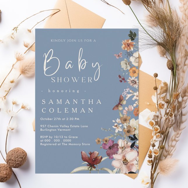 Boho Wildflower Rustic Periwinkle Baby Shower Invitation (Creator Uploaded)