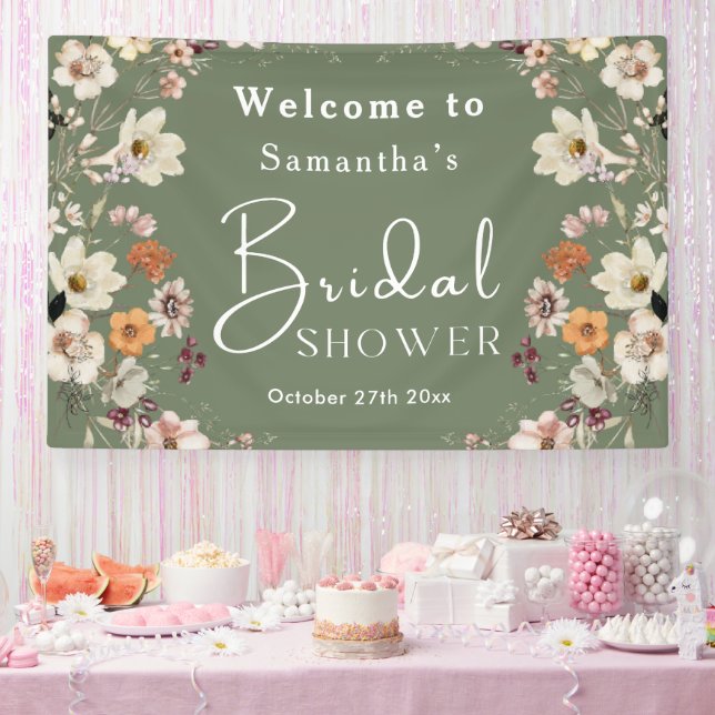 Boho Wildflower Rustic Sage Green Bridal Shower Banner (Party)
