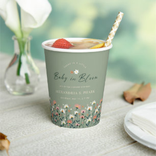 Boho Wildflower Sage Green Baby in Bloom Shower  Paper Cups