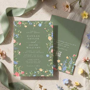 Boho Wildflower Sage Green QR Code RSVP Wedding Invitation