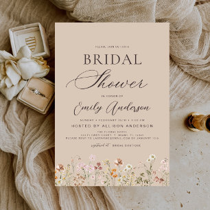 Boho Wildflower Taupe Neutral Bridal Shower Invitation