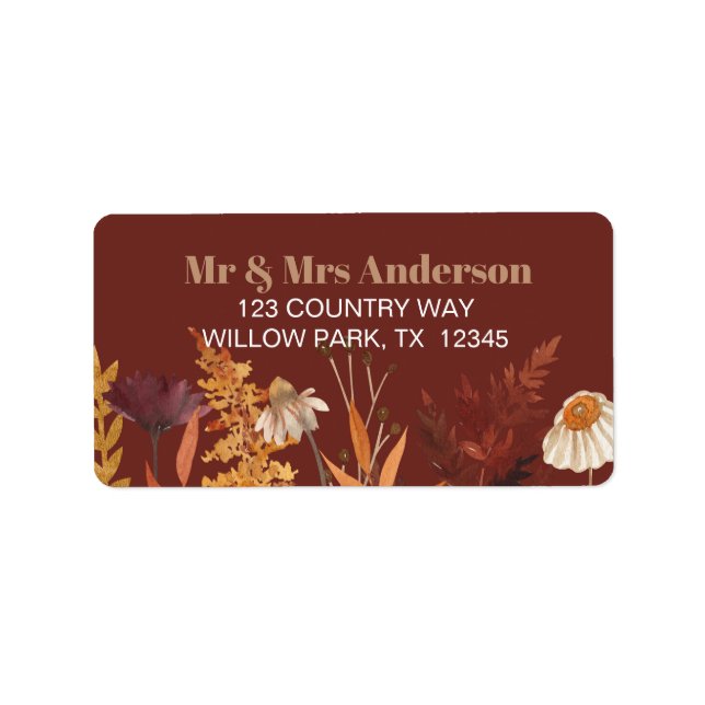 Boho Wildflower Terracotta Autumn Fall Wedding Label (Front)