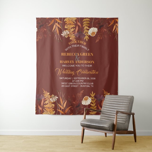 Boho Wildflower Terracotta Autumn Wedding Backdrop Tapestry (In Situ)